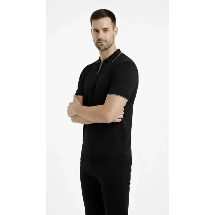 Erkek Triko Kumaş Yakalı Düğmesiz Açık Yaka Fitilli Kısa Kollu Regular Fit Tişört T-shirt - Siyah