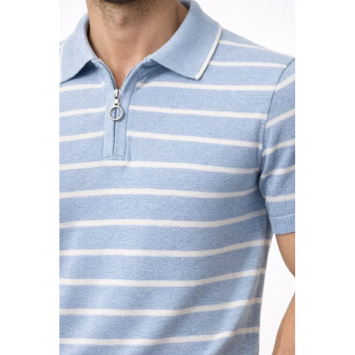 Erkek Triko Polo Yaka Fermuarlı Çizgili Tişört T-Shirt Yazlık Şık - Bebek Mavisi