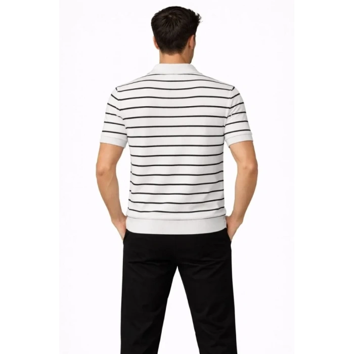 Erkek Triko Polo Yaka Fermuarlı Çizgili Tişört T-Shirt Yazlık Şık - Beyaz