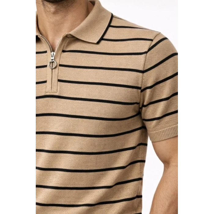 Erkek Triko Polo Yaka Fermuarlı Çizgili Tişört T-Shirt Yazlık Şık - Kahverengi