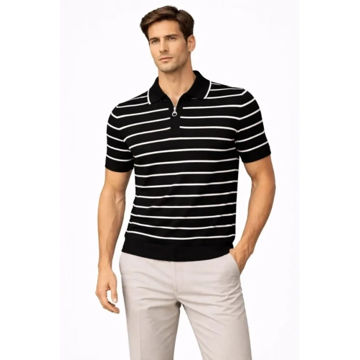 Erkek Triko Polo Yaka Fermuarlı Çizgili Tişört T-Shirt Yazlık Şık - Siyah