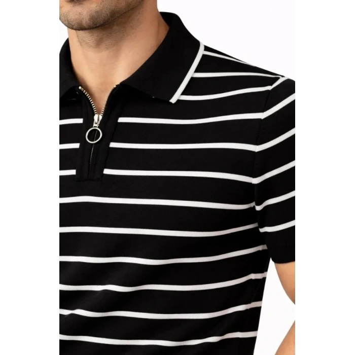 Erkek Triko Polo Yaka Fermuarlı Çizgili Tişört T-Shirt Yazlık Şık - Siyah