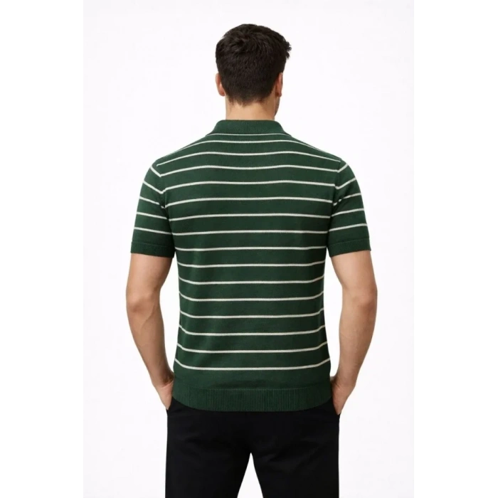 Erkek Triko Polo Yaka Fermuarlı Çizgili Tişört T-Shirt Yazlık Şık - Yeşil