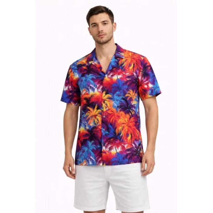 Erkek Tropikal Desenli Kısa Kol Gömlek Rahat Kalıp Yazlık Hawaii Tarz - Desenli