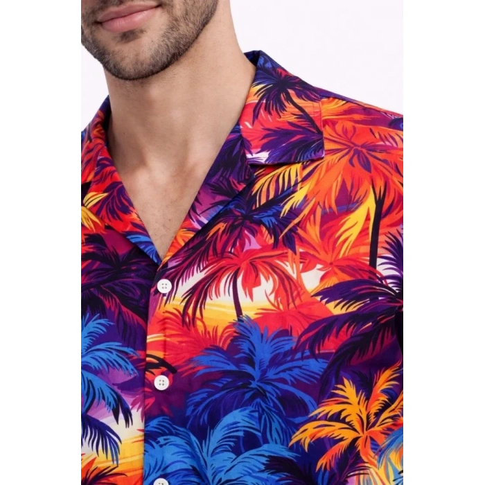 Erkek Tropikal Desenli Kısa Kol Gömlek Rahat Kalıp Yazlık Hawaii Tarz - Desenli