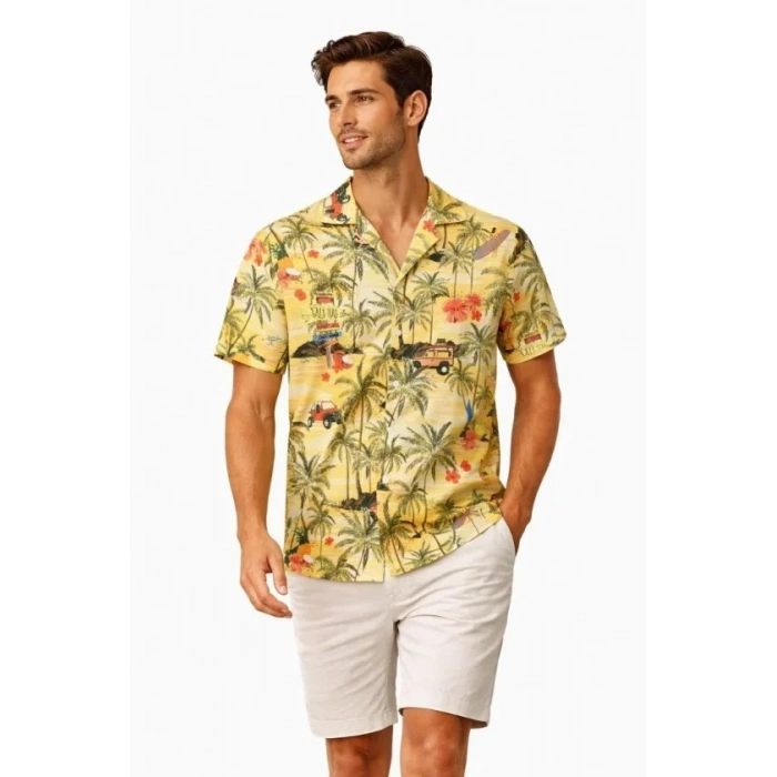 Erkek Tropikal Palmiye Desenli Kısa Kol Gömlek Hawaii Tarz Yazlık Rahat Kalıp - Desenli