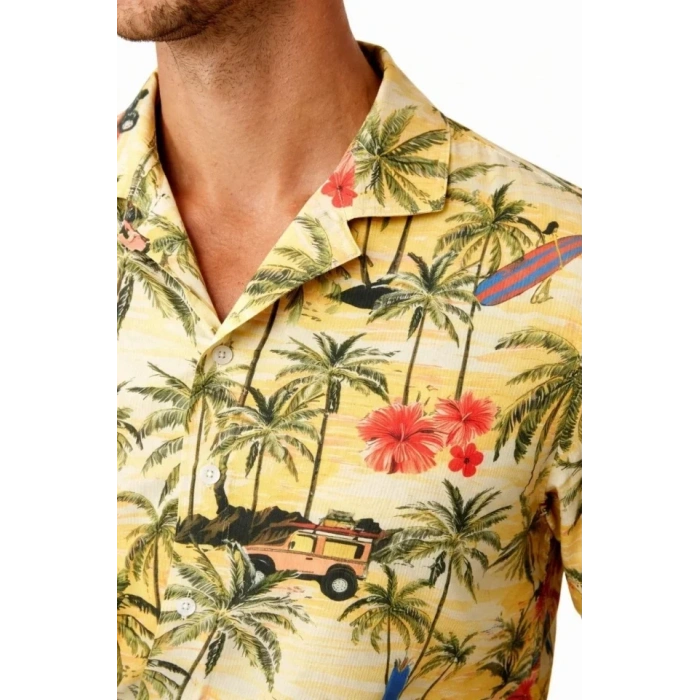 Erkek Tropikal Palmiye Desenli Kısa Kol Gömlek Hawaii Tarz Yazlık Rahat Kalıp - Desenli