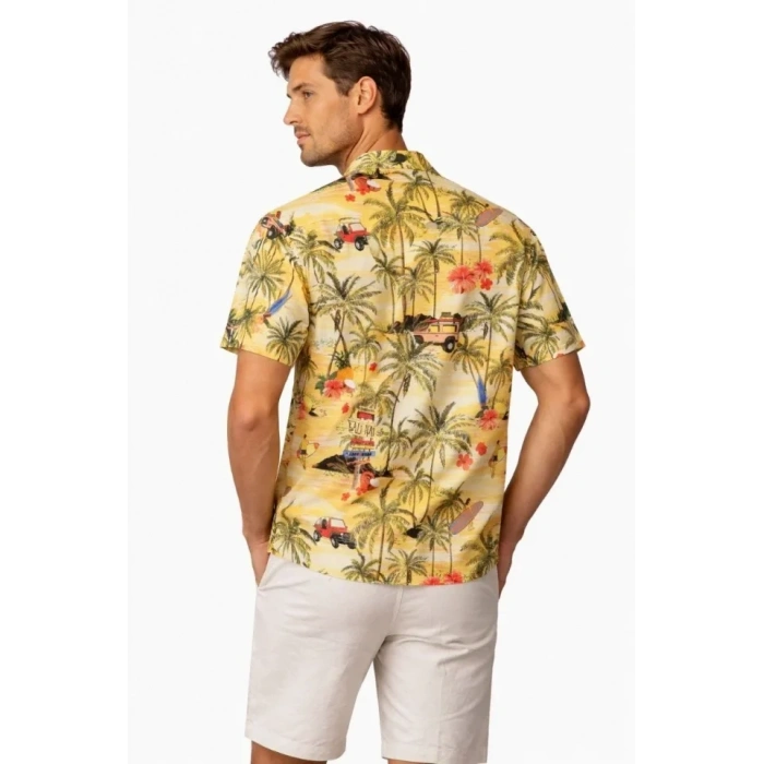 Erkek Tropikal Palmiye Desenli Kısa Kol Gömlek Hawaii Tarz Yazlık Rahat Kalıp - Desenli