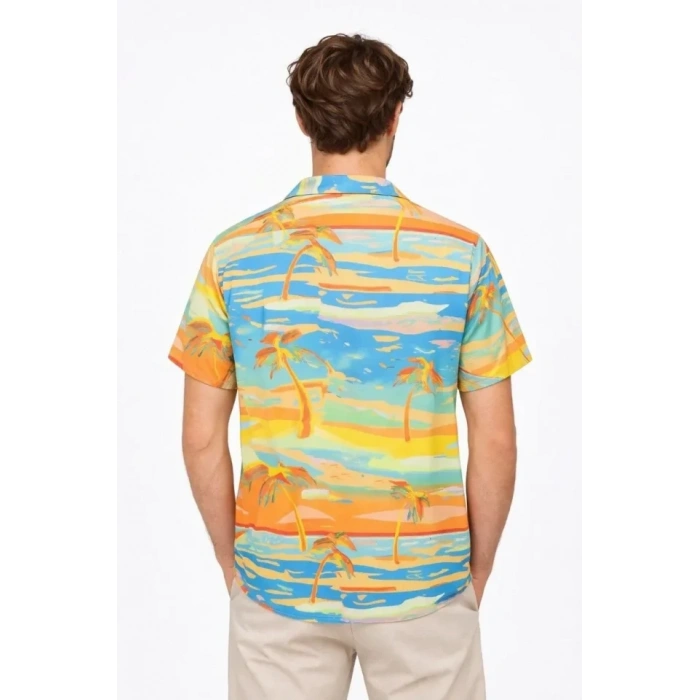 Erkek Tropikal Palmiye Desenli Kısa Kol Gömlek Yazlık Beach Tarz Rahat Kalıp - Desenli