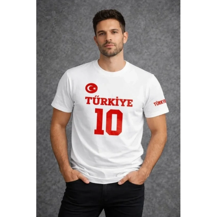 Erkek TÜRKİYE Ay Yıldız Baskılı 10 Numara Forma Tişört Taraftar T-Shirt - Beyaz