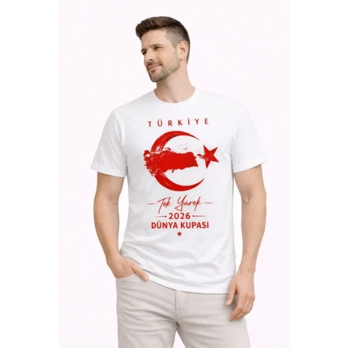 Erkek TÜRKİYE Ay Yıldız Baskılı Taraftar Forma T-Shirt - Beyaz