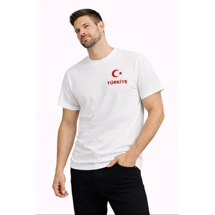 Erkek TÜRKİYE Ay Yıldız Baskılı Taraftar Forma T-Shirt - Beyaz