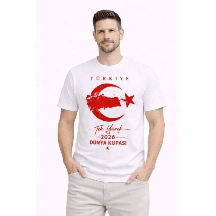 Erkek TÜRKİYE Ay Yıldız Baskılı Taraftar Forma T-Shirt - Beyaz