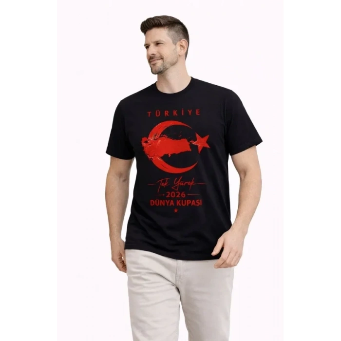 Erkek TÜRKİYE Ay Yıldız Baskılı Taraftar Forma T-Shirt - Siyah