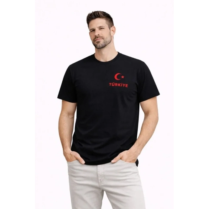 Erkek TÜRKİYE Ay Yıldız Baskılı Taraftar Forma T-Shirt - Siyah