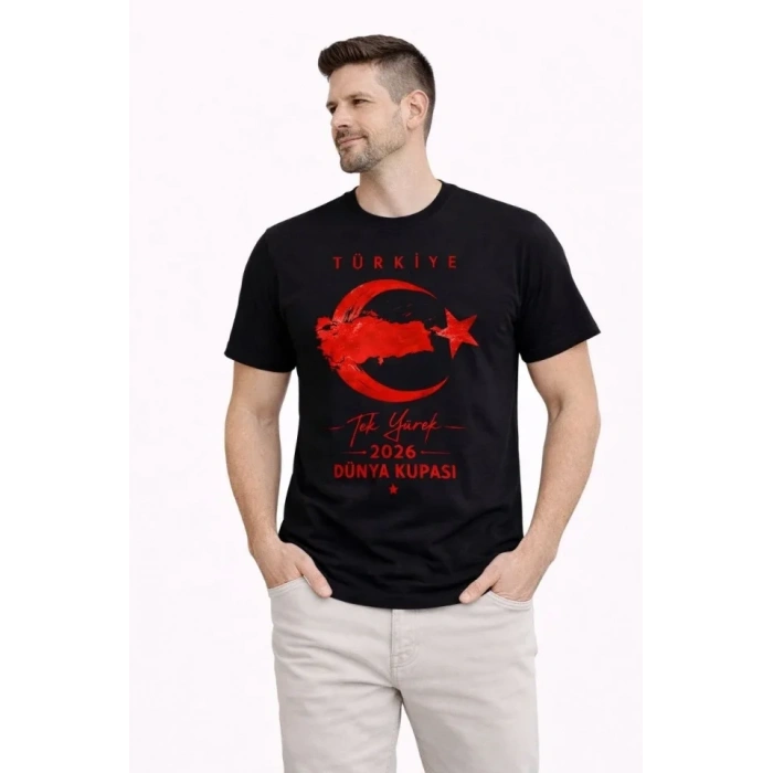 Erkek TÜRKİYE Ay Yıldız Baskılı Taraftar Forma T-Shirt - Siyah