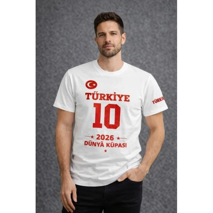 Erkek TÜRKİYE Baskılı Tişört 2026 Dünya Kupası Taraftar Forma T-Shirt - Beyaz