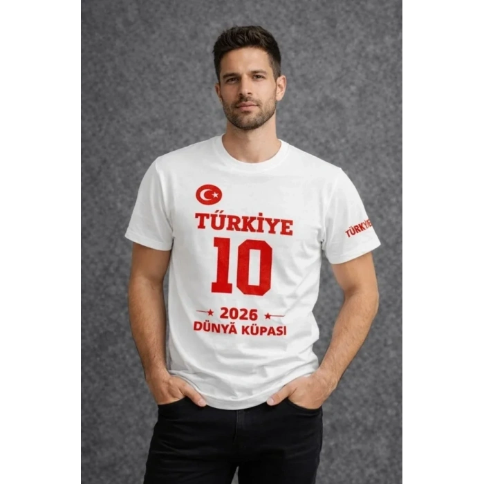 Erkek TÜRKİYE Baskılı Tişört 2026 Dünya Kupası Taraftar Forma T-Shirt - Beyaz