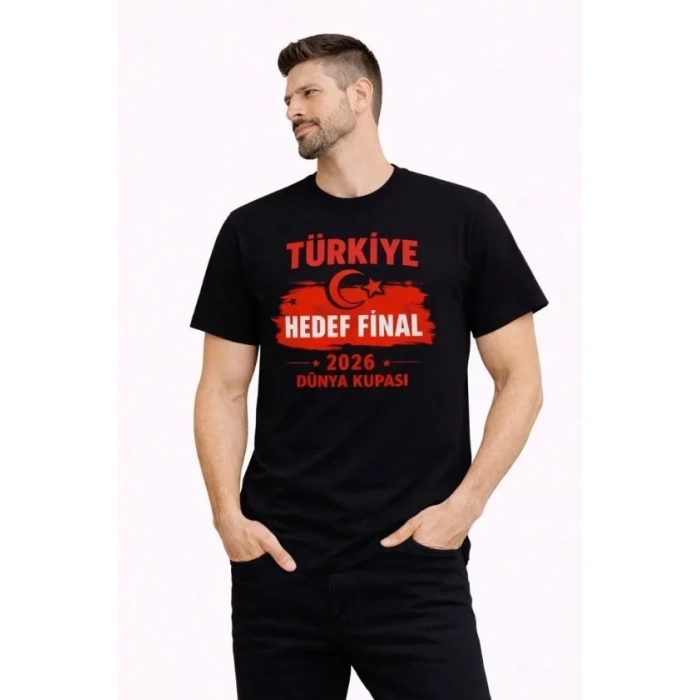Erkek TÜRKİYE Baskılı Tişört Ay Yıldız 2026 Dünya Kupası Taraftar Forma T-Shirt - Siyah