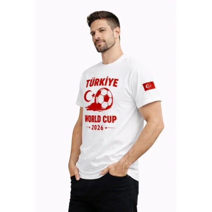 Erkek Türkiye World Cup 2026 Baskılı Tişört Futbol Temalı Forma T-Shirt - Beyaz
