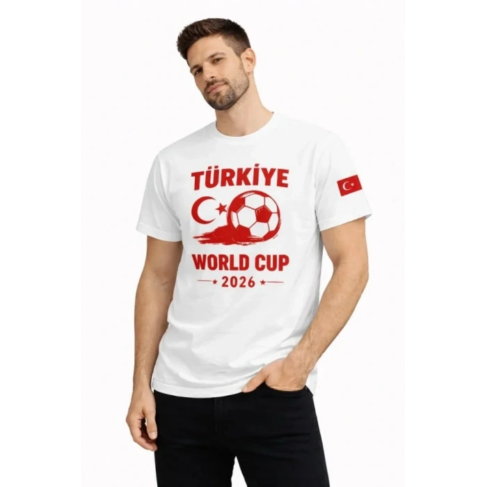 Erkek Türkiye World Cup 2026 Baskılı Tişört Futbol Temalı Forma T-Shirt - Beyaz