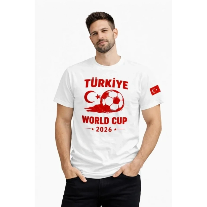 Erkek Türkiye World Cup 2026 Baskılı Tişört Futbol Temalı Forma T-Shirt - Beyaz