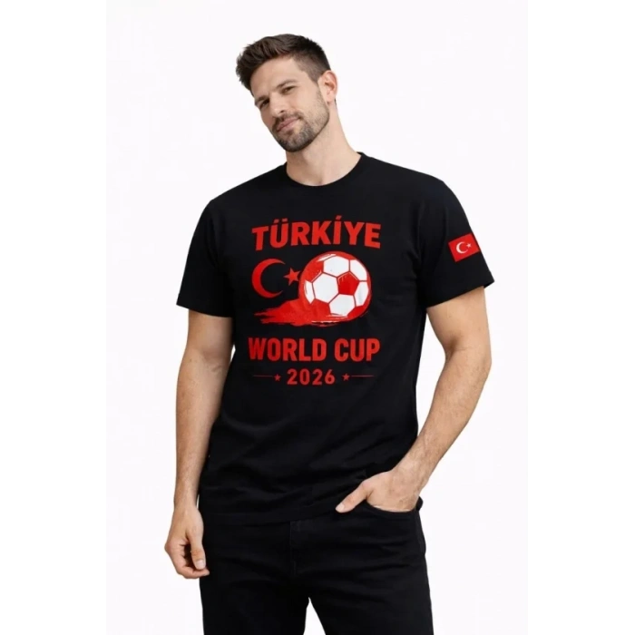 Erkek Türkiye World Cup 2026 Baskılı Tişört Futbol Temalı Forma T-Shirt - Siyah