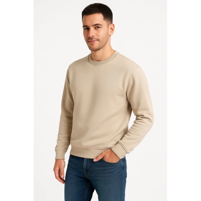 Erkek Üç İplik Düz Bisiklet Yaka SweatShirt - Bej