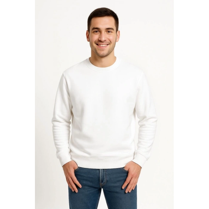 Erkek Üç İplik Düz Bisiklet Yaka SweatShirt - Beyaz