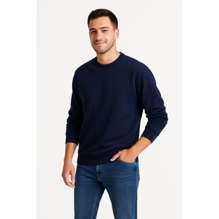 Erkek Üç İplik Düz Bisiklet Yaka SweatShirt - Lacivert