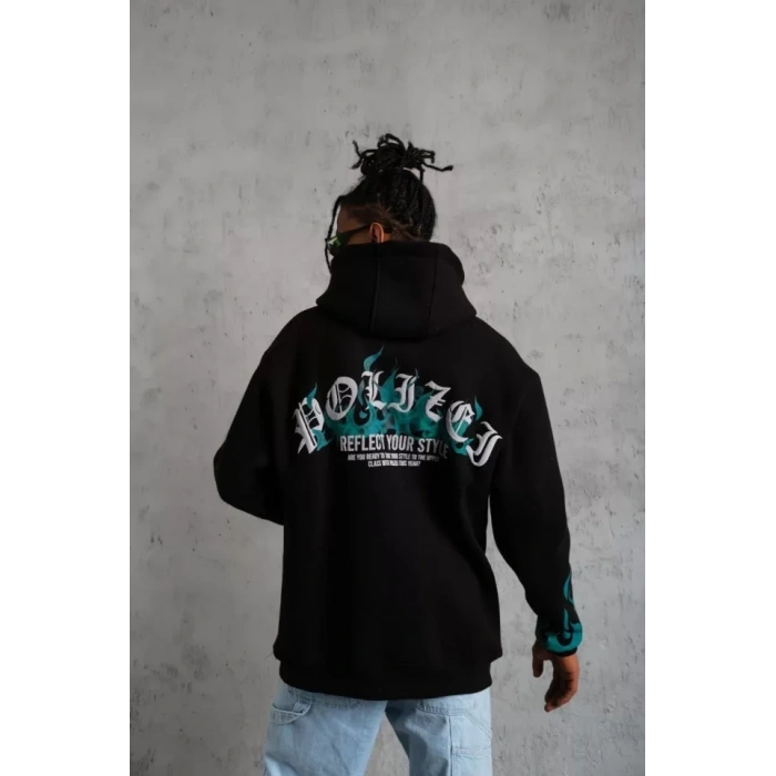 Erkek Üç İplik İçi Pamuklu Alev Baskılı Kapüşonlu Sweatshirt - Siyah