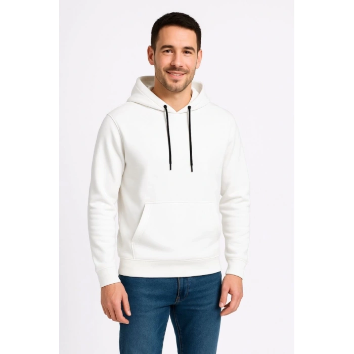 Erkek Üç İplik Kapüşonlu Kanguru Cepli SweatShirt Hoodie - Beyaz