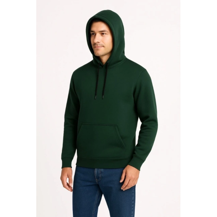 Erkek Üç İplik Kapüşonlu Kanguru Cepli SweatShirt Hoodie - Haki
