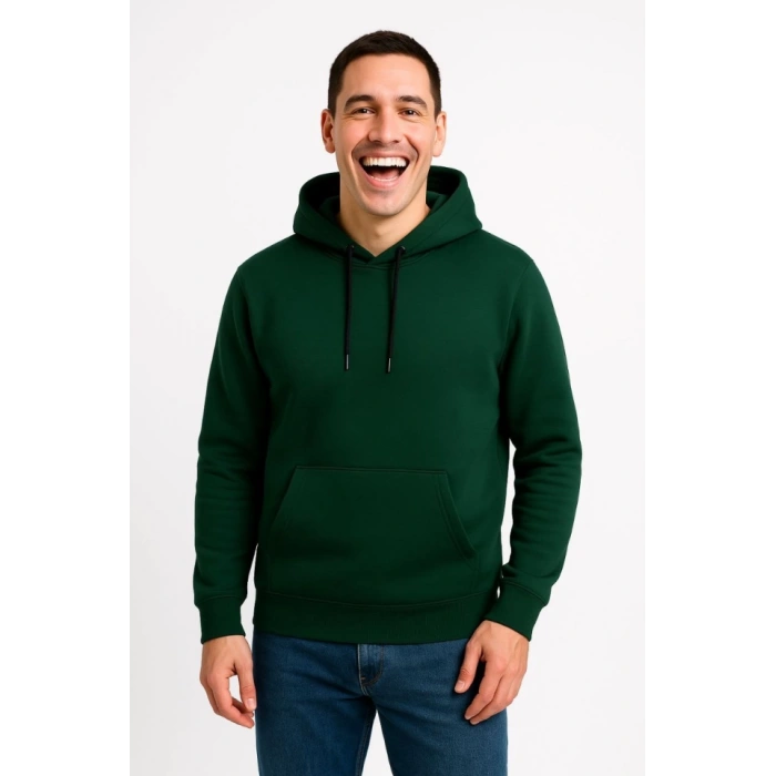 Erkek Üç İplik Kapüşonlu Kanguru Cepli SweatShirt Hoodie - Haki