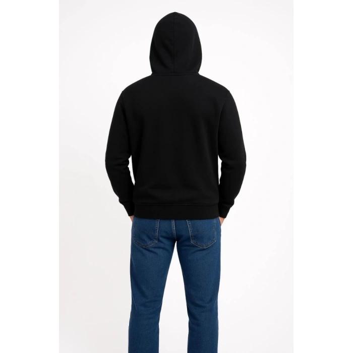 Erkek Üç İplik Kapüşonlu Kanguru Cepli SweatShirt Hoodie - Siyah