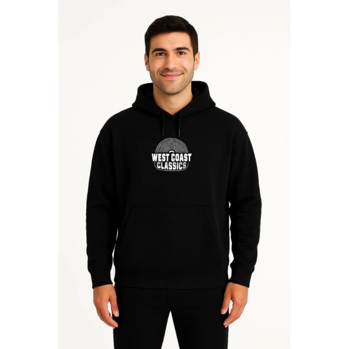 Erkek Üç İplik Kapüşonlu Ön Ve Arka Baskılı SweatShirt Hoodie - Siyah