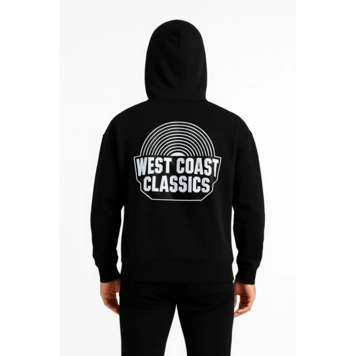 Erkek Üç İplik Kapüşonlu Ön Ve Arka Baskılı SweatShirt Hoodie - Siyah