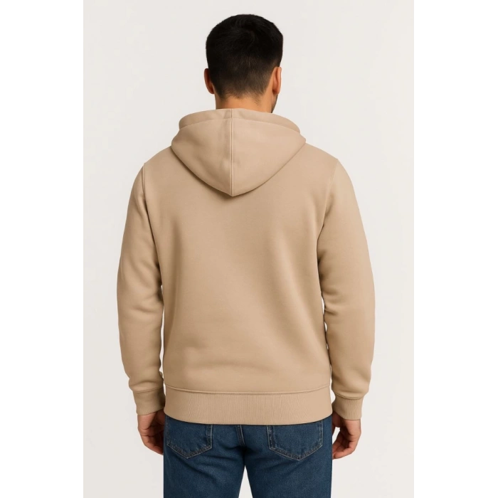 Erkek Üç İplik Kapüşonlu Tam Fermuarlı Kanguru Çepli SweatShirt Hoodie - Bej