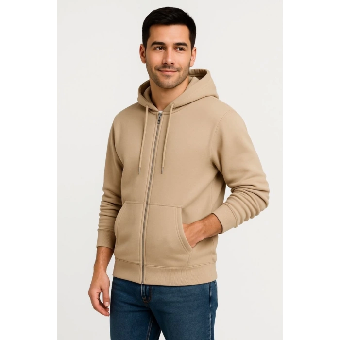 Erkek Üç İplik Kapüşonlu Tam Fermuarlı Kanguru Çepli SweatShirt Hoodie - Bej