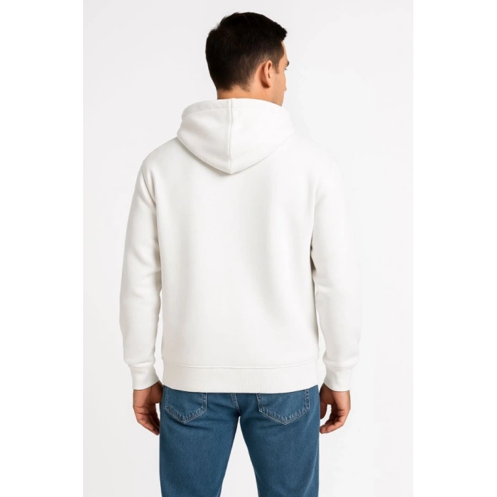 Erkek Üç İplik Kapüşonlu Tam Fermuarlı Kanguru Çepli SweatShirt Hoodie - Beyaz