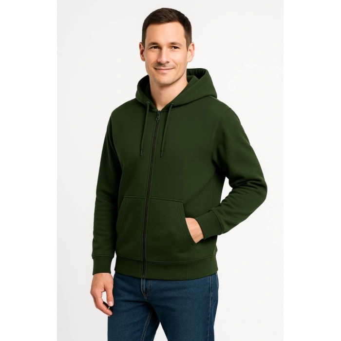 Erkek Üç İplik Kapüşonlu Tam Fermuarlı Kanguru Çepli SweatShirt Hoodie - Haki