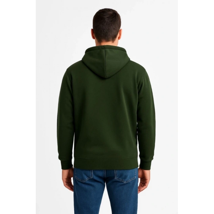 Erkek Üç İplik Kapüşonlu Tam Fermuarlı Kanguru Çepli SweatShirt Hoodie - Haki