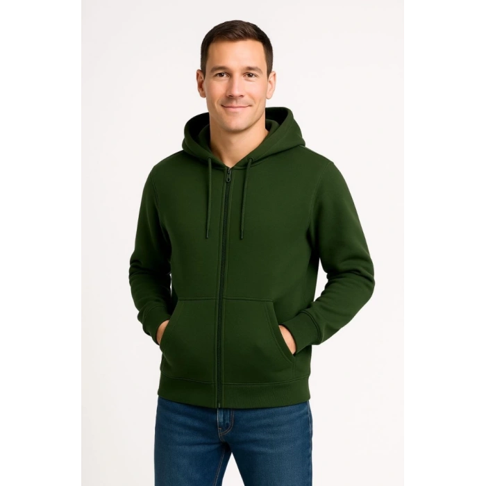 Erkek Üç İplik Kapüşonlu Tam Fermuarlı Kanguru Çepli SweatShirt Hoodie - Haki