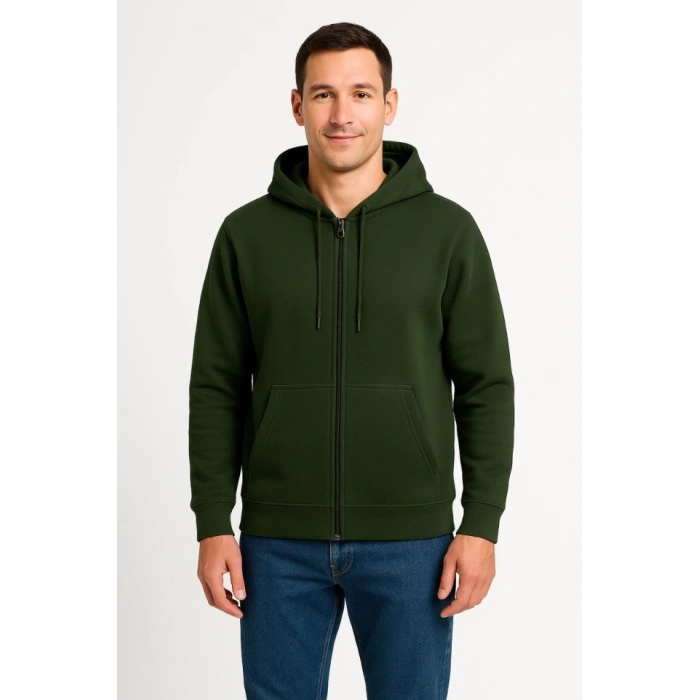 Erkek Üç İplik Kapüşonlu Tam Fermuarlı Kanguru Çepli SweatShirt Hoodie - Haki