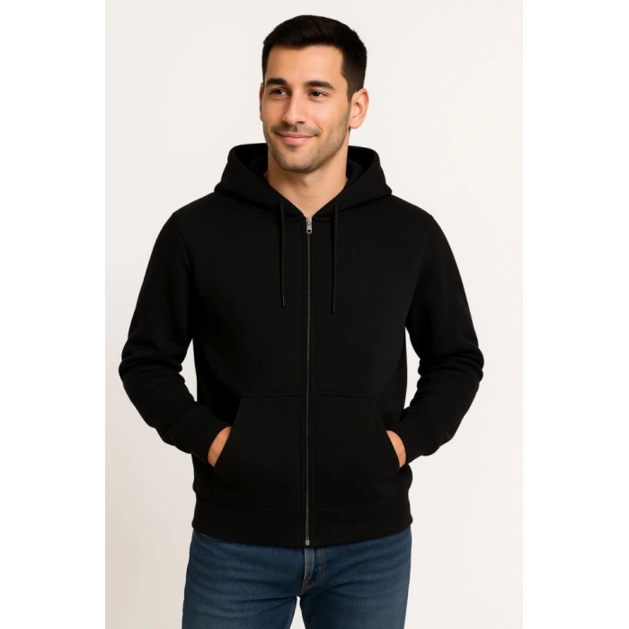 Erkek Üç İplik Kapüşonlu Tam Fermuarlı Kanguru Çepli SweatShirt Hoodie - Siyah