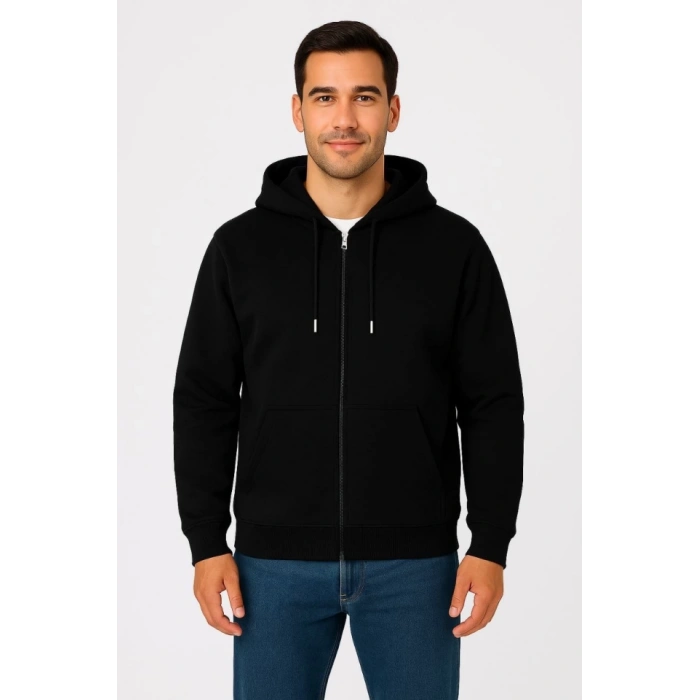 Erkek Üç İplik Kapüşonlu Tam Fermuarlı Kanguru Çepli SweatShirt Hoodie - Siyah