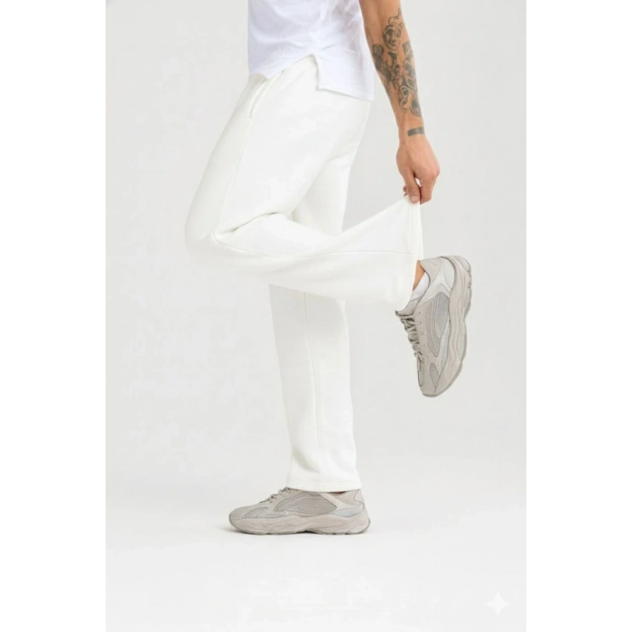 Erkek Üç Iplik Kışlık Pamuklu Ovarsize Bağcıklı Düz Paça Cepli Eşofman Altı Spor Rahat Model - Beyaz