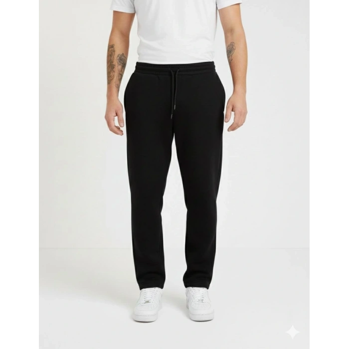 Erkek Üç Iplik Kışlık Pamuklu Ovarsize Bağcıklı Düz Paça Cepli Eşofman Altı Spor Rahat Model - Siyah