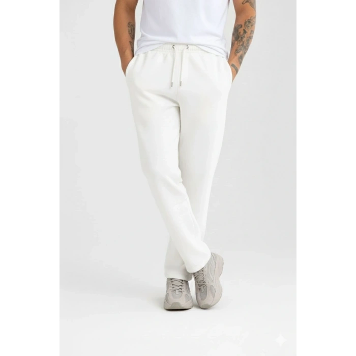 Erkek Üç Iplik Kışlık Pamuklu Ovarsize Bağcıklı Düz Paça Cepli Eşofman Altı Spor Rahat Model - Beyaz