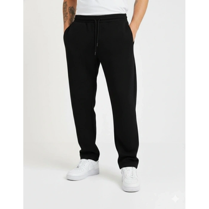 Erkek Üç Iplik Kışlık Pamuklu Ovarsize Bağcıklı Düz Paça Cepli Eşofman Altı Spor Rahat Model - Siyah